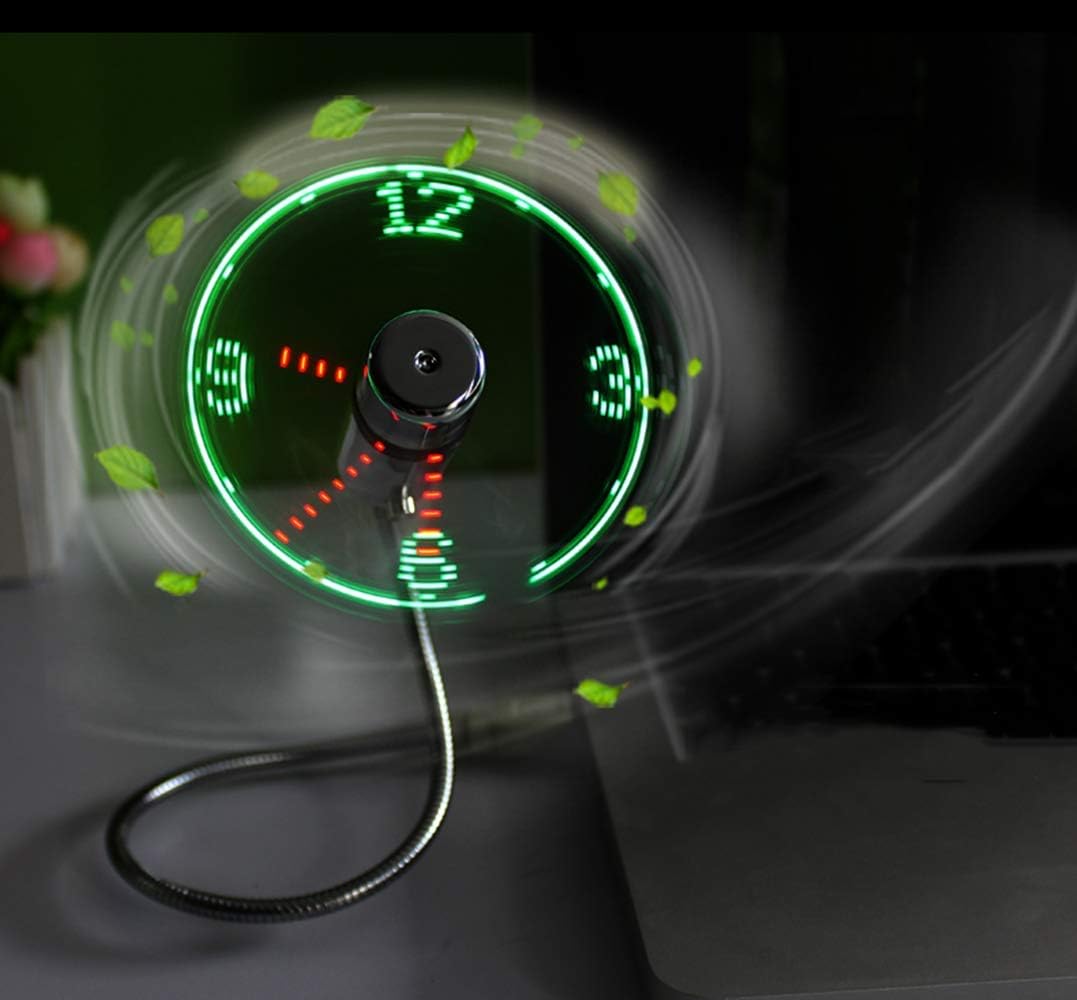 USB LED Clock Fan 90mm USB-Powered Portable Mobile USB Fan with Clock, LED Light Display Time, Mini Gooseneck Fan for Laptop Office Home Travel