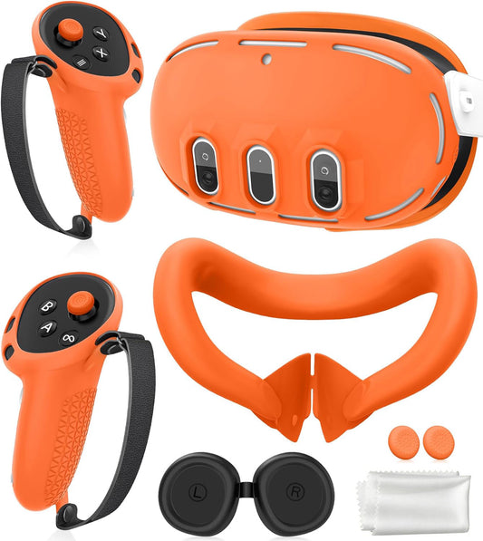 Silicone Cover Set Compatible with Oculus/Meta Quest 3, VR Accessories Protective Cover Includes Controller Grips, Front Shell Headset Cover and Face Cover, Lens Protector